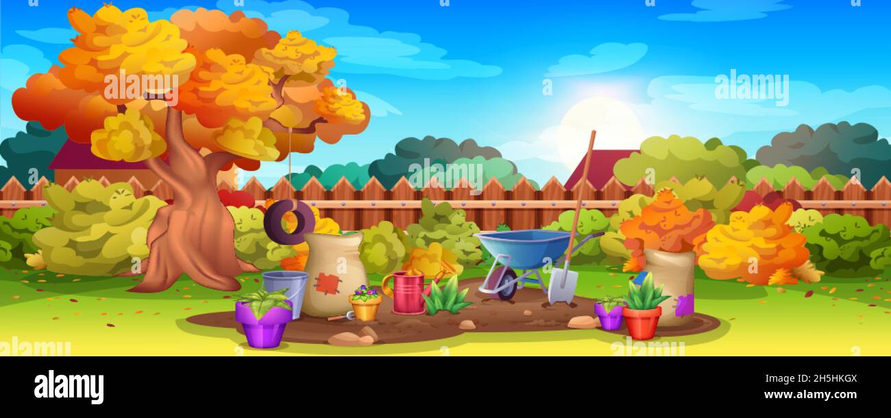 Backyard garden with wooden fence, tree, bushes and cultivated soil. Autumn landscape with watering can, wheelbarrow and sacks. Cartoon lawn with growing plants, potted flowers and gardening equipment Stock Vector