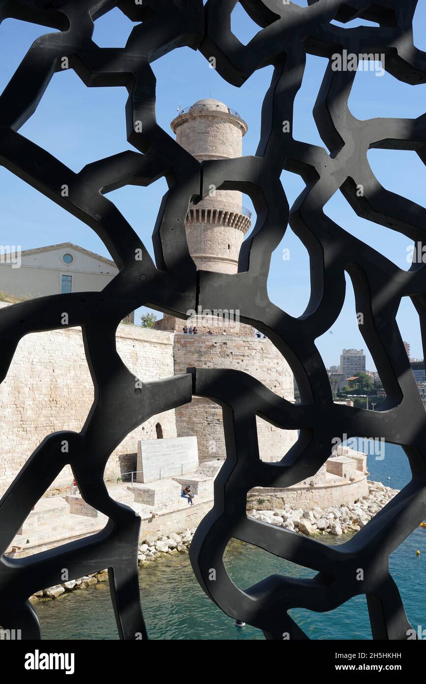 Mucem Structural Element Fort Saint-Jean, view through the net-like concrete structure of the ...