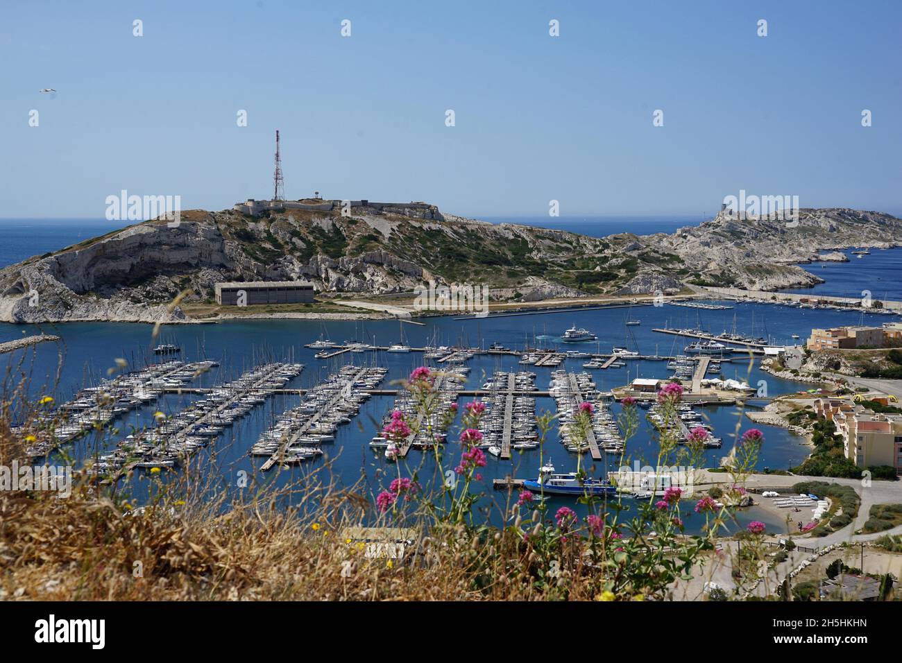 View from Ile Pomegues to Port de Friaoul and Ile Ratonneau, Friaoul Islands, Marseille, Mediterranean Sea, Archipelago du Frioul, France Stock Photo