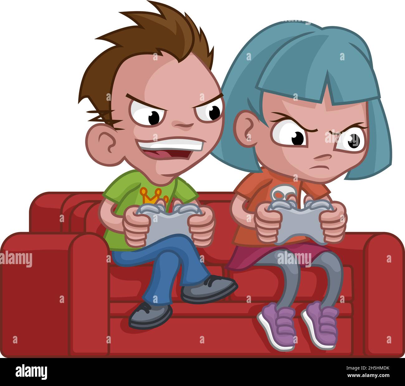 Kids Gamers Playing Video Games Console Cartoon Stock Vector