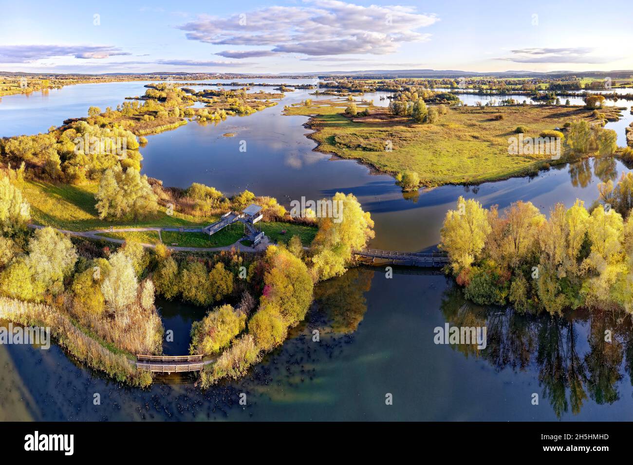 Front left Wooden bridge and observation tower on bird island, bird