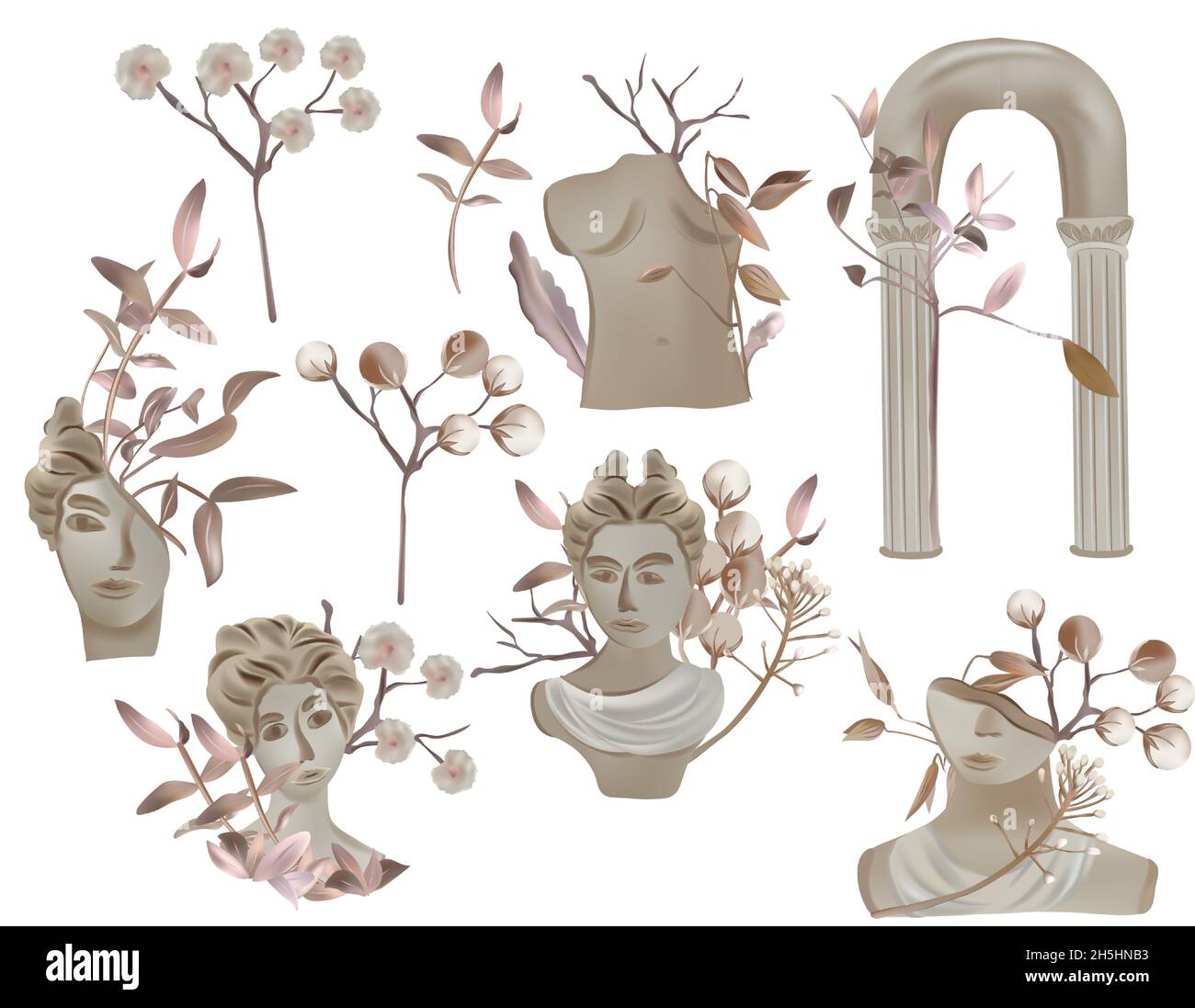 Various ancient greek statues, column, heads of woman, branch tree