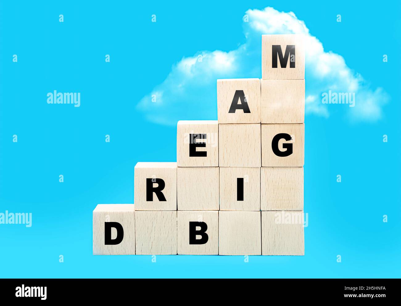 Word DREAM BIG made of wooden toy blocks stacked into stairs leading to the clouds against a blue background. The concept of dreaming big to achieve t Stock Photo
