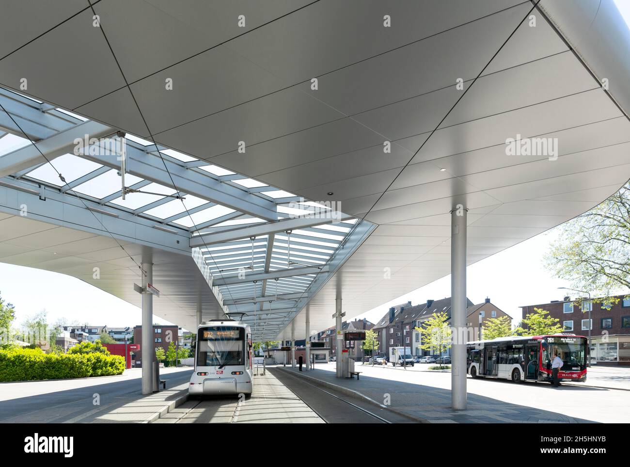 Central bus station and tram junction, Rheinbahn, Ratingen, Rhineland, North Rhine-Westphalia, Germany Stock Photo