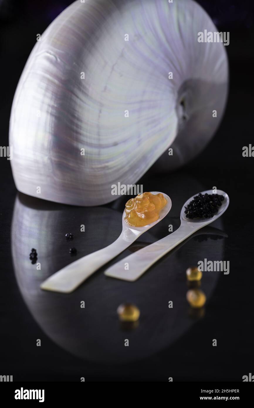 Vertical shot of Macoma shell and two spoons made from its material Stock Photo