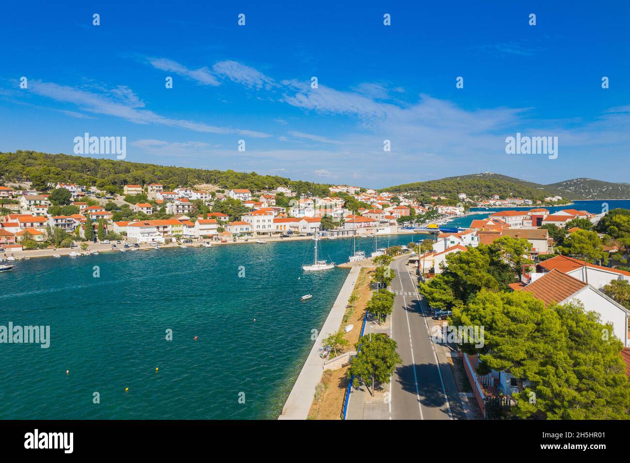 Town of Tisno on the island of Murter, Dalmatia, Croatia, aerial panoramic view Stock Photo
