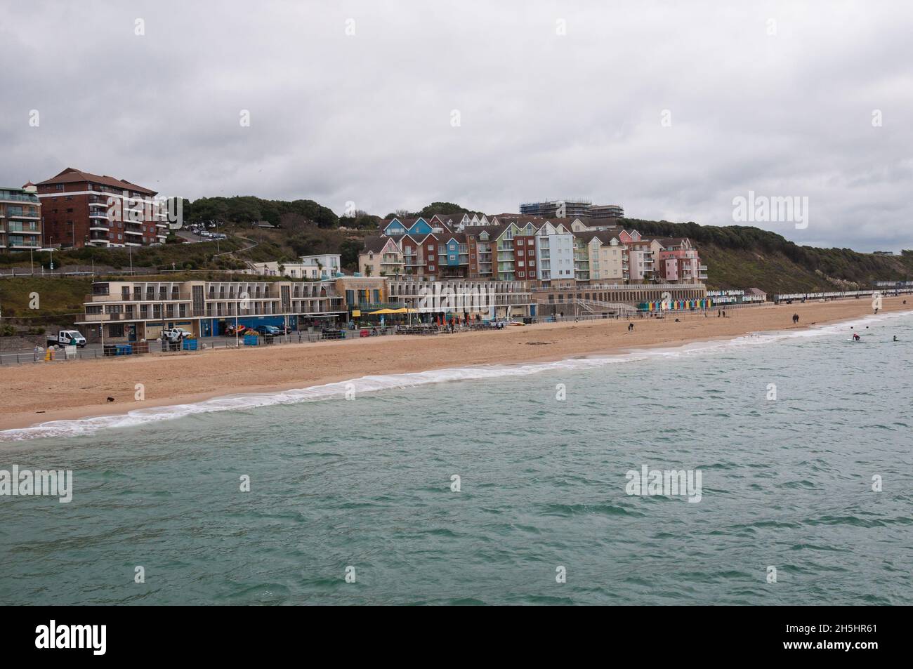 View of Boscombe seafront and sandy beach as seen from offshore. Boscombe, Bournemouth, Dorset,England, UK Stock Photo