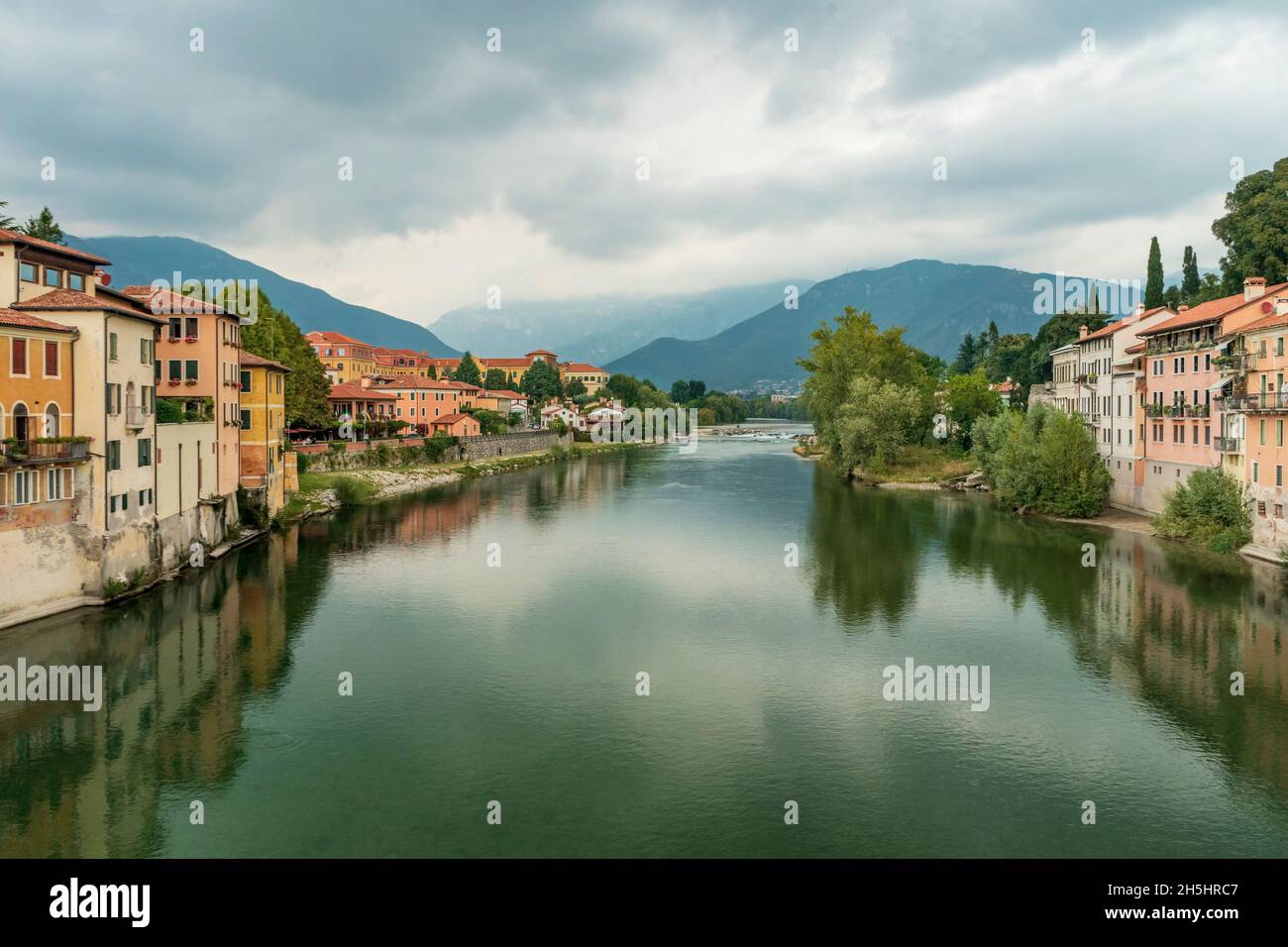 River Brenta seen from the Alpini's Bridge, or 'Old bridge', in Bassano del Grappa, Veneto region, Italy Stock Photo