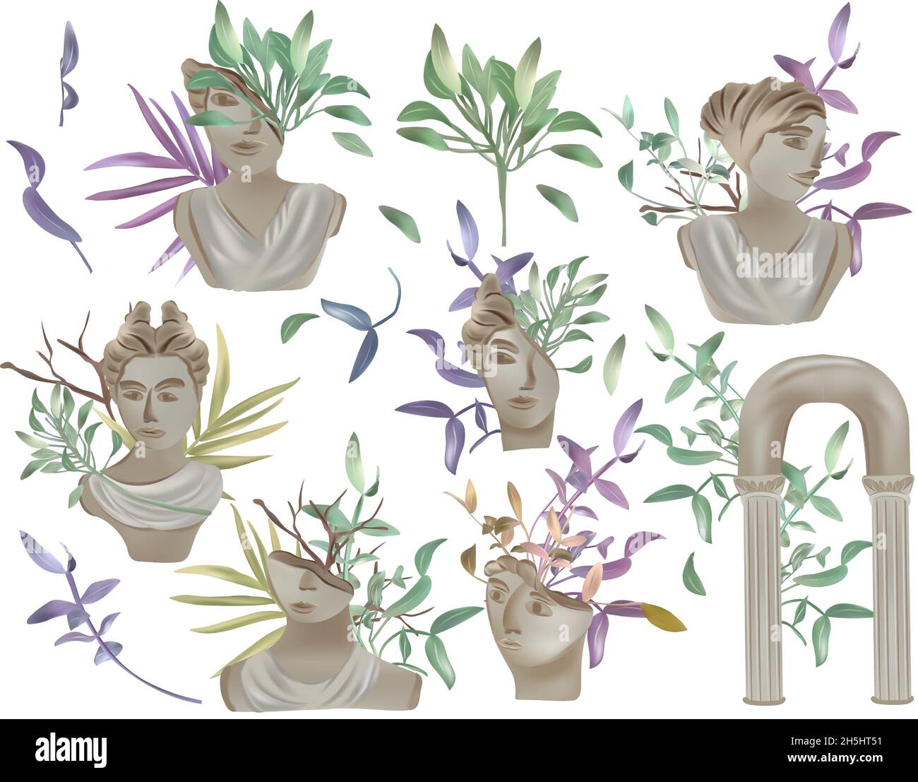 Various ancient greek statues, column, heads of woman, branch tree