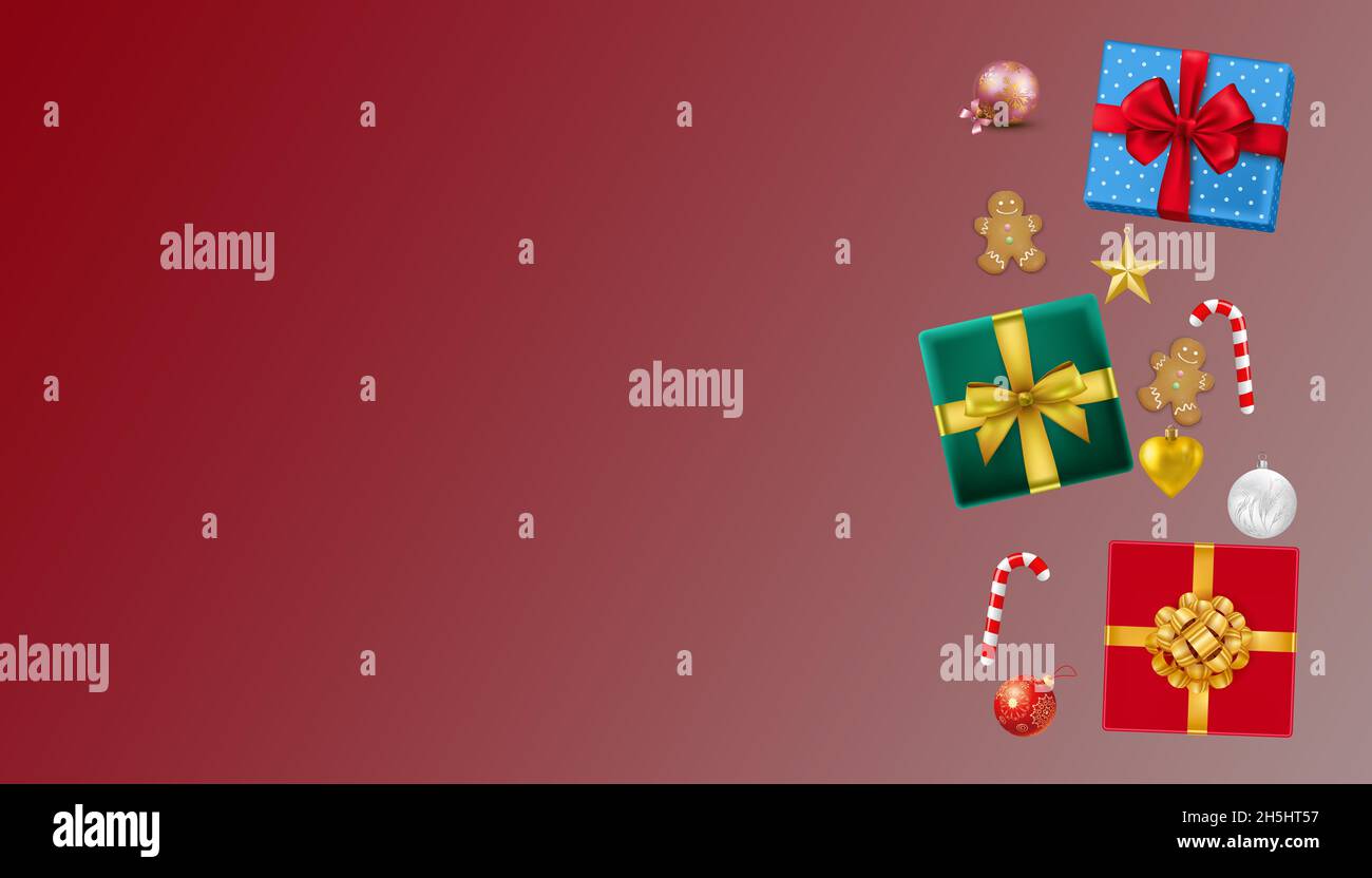 Illustration of Christmas gift boxes and decorations on a red ...