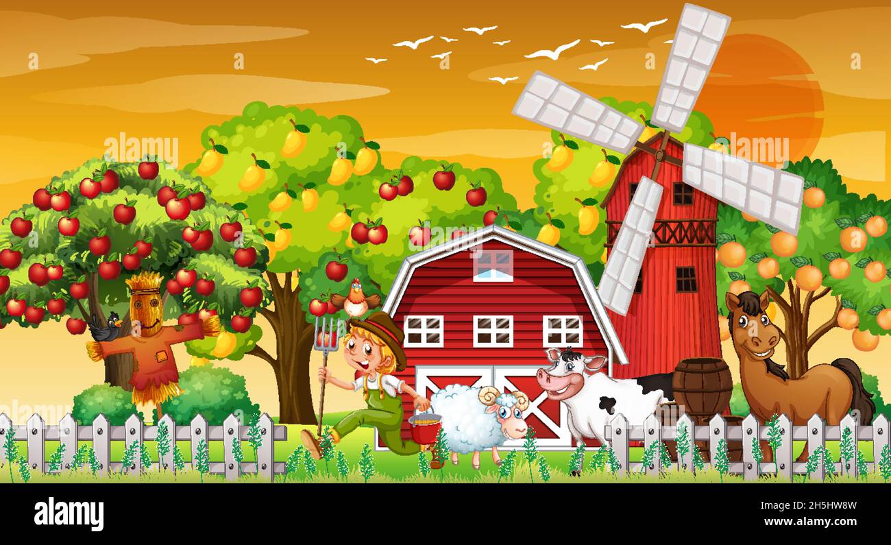 Cute boy in nature farm horizontal landscape scene at sunset time ...