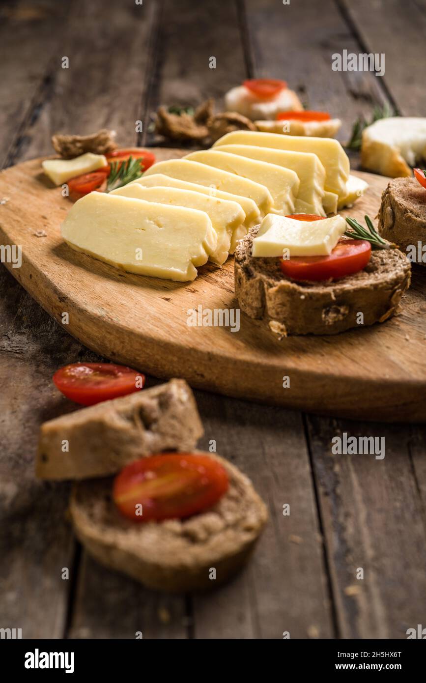 Halloumi cheese and bruschetta Stock Photo