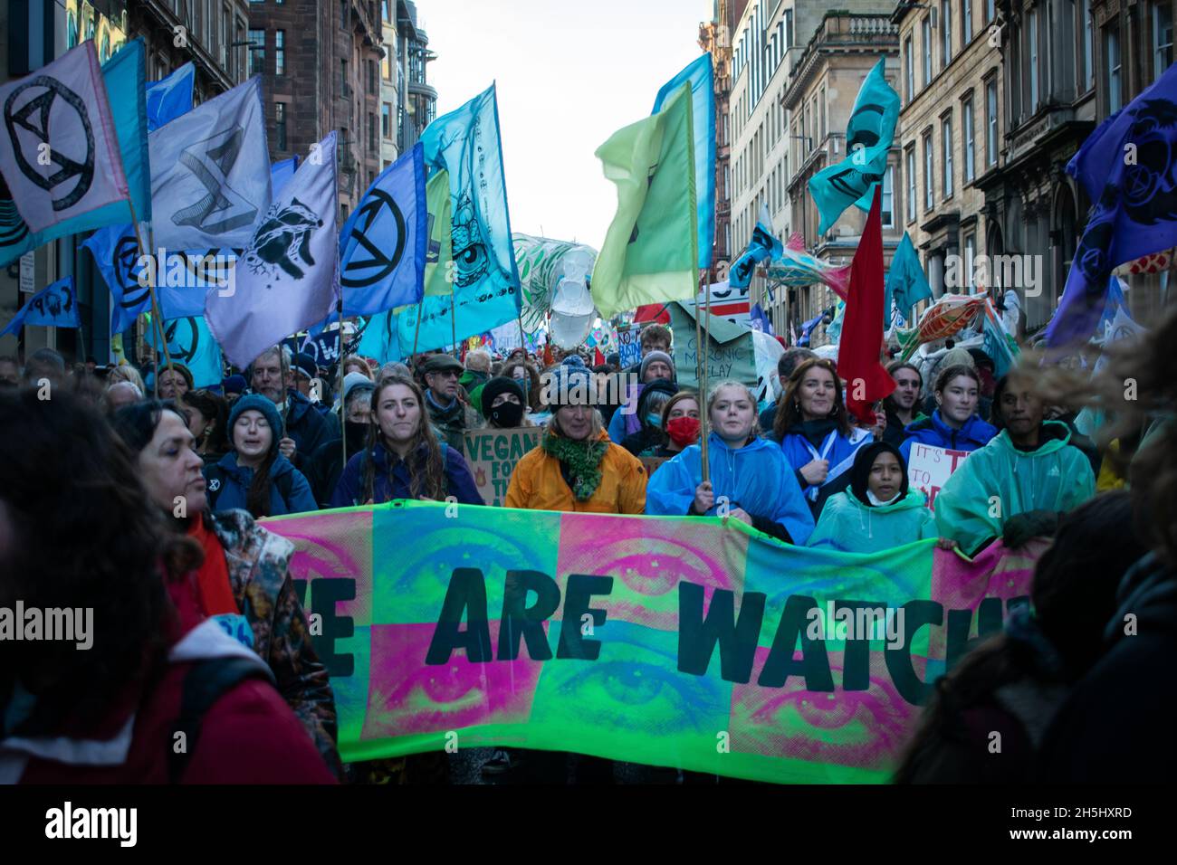 A vibrant section of the COP26 Climate Protests in Glasgow, characterised by XR and Young protestors Stock Photo