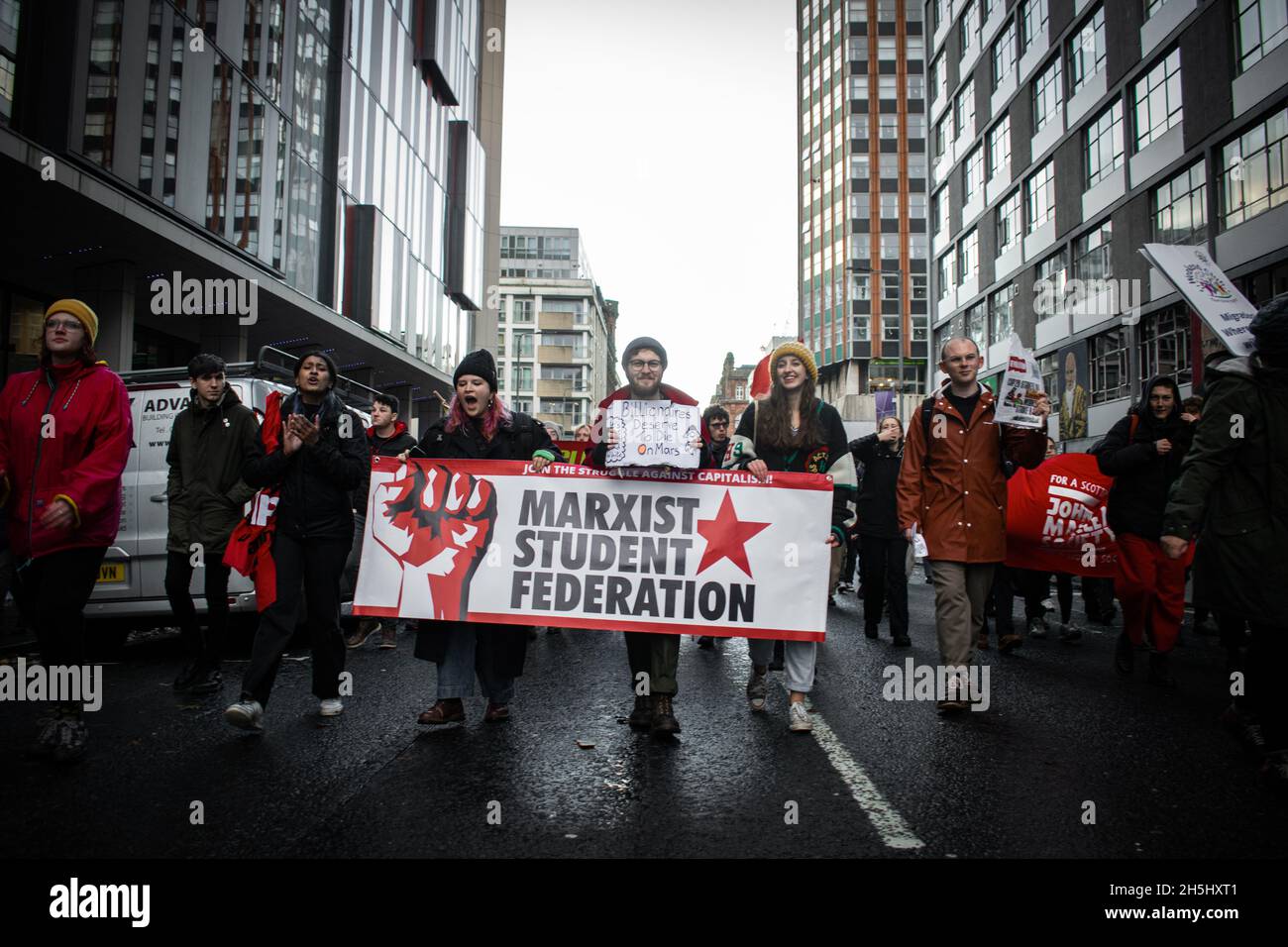 A group of activists from the Marxist Student Federation marching in the COP26 Glasgow Climate Marches Stock Photo