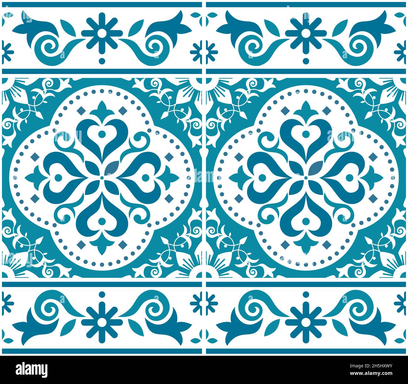 Lisbon, Portuguese style Azulejo tile seamless vector pattern with frame or border, decorative wallpaper or textile, fabric print with flowers Stock Vector