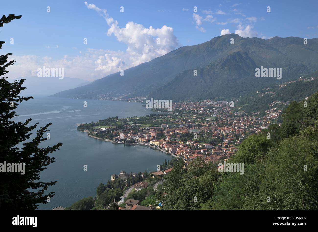 Misty view of Domaso and Gravedona at lake Como from an elevated viewpoint, Domaso, Italy Stock Photo