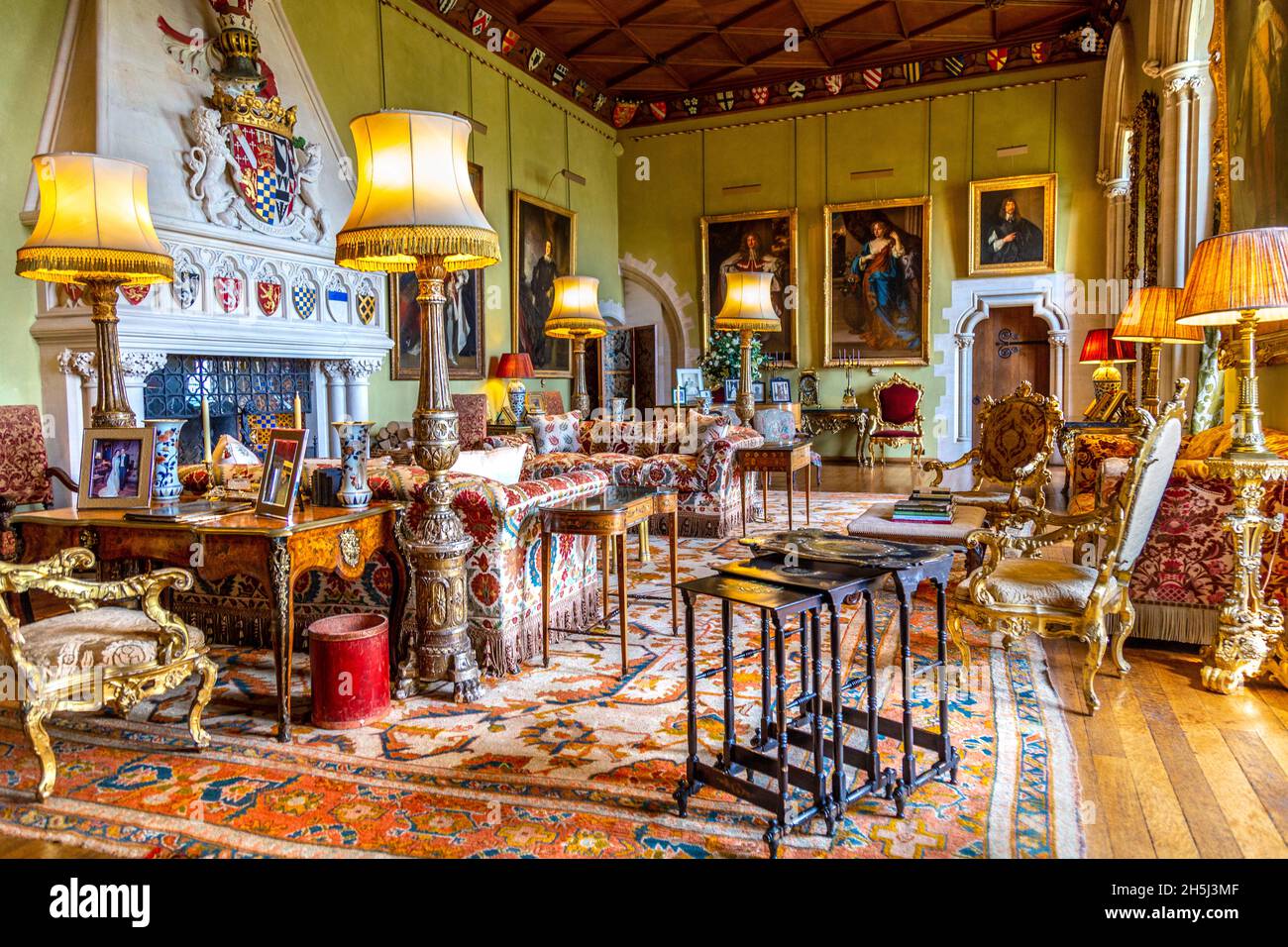 Interior of the Drawing Room with an oak wainscot ceiling at Arundel Castle, West Sussex, UK Stock Photo