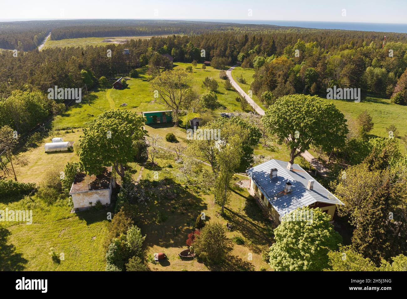 Aerial view of coutryside, cottages in the woods. Hiiu, Estonia Stock ...