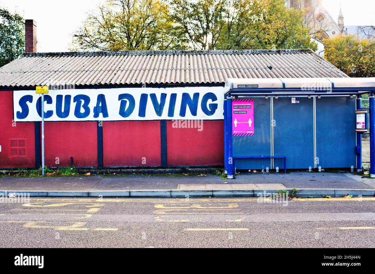 Scuba Diving Firm and Bus Stop, Doncaster Wharf, Doncaster, England Stock Photo