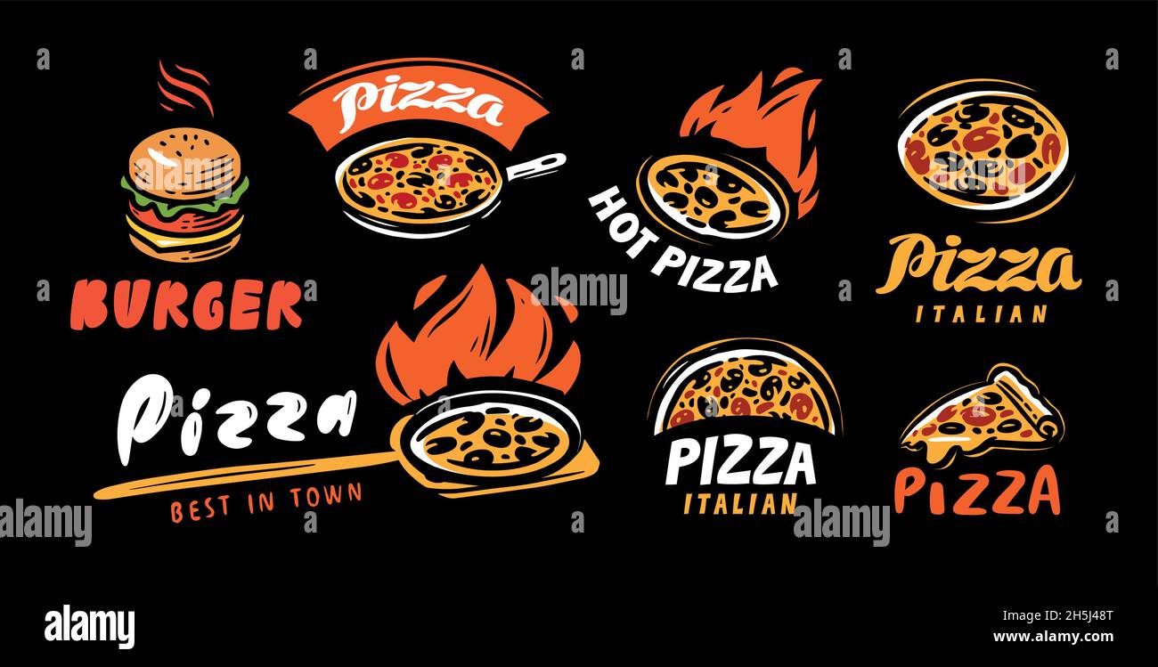 Food label set. Badges for restaurant or cafe menu. Pizza, burger Stock