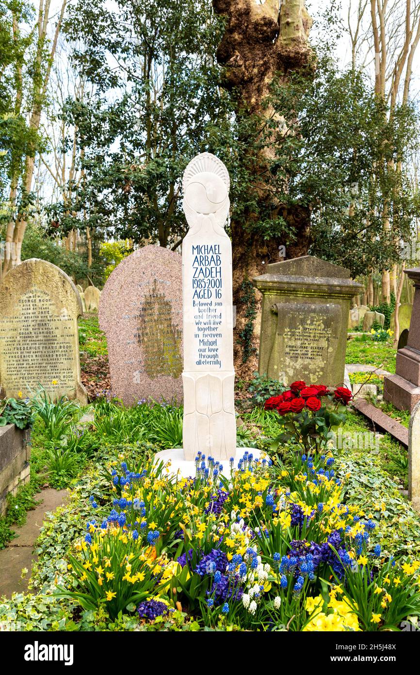 Grave of teenager Michael Arbab Zadeh at Highgate Cemetery East, London, UK Stock Photo