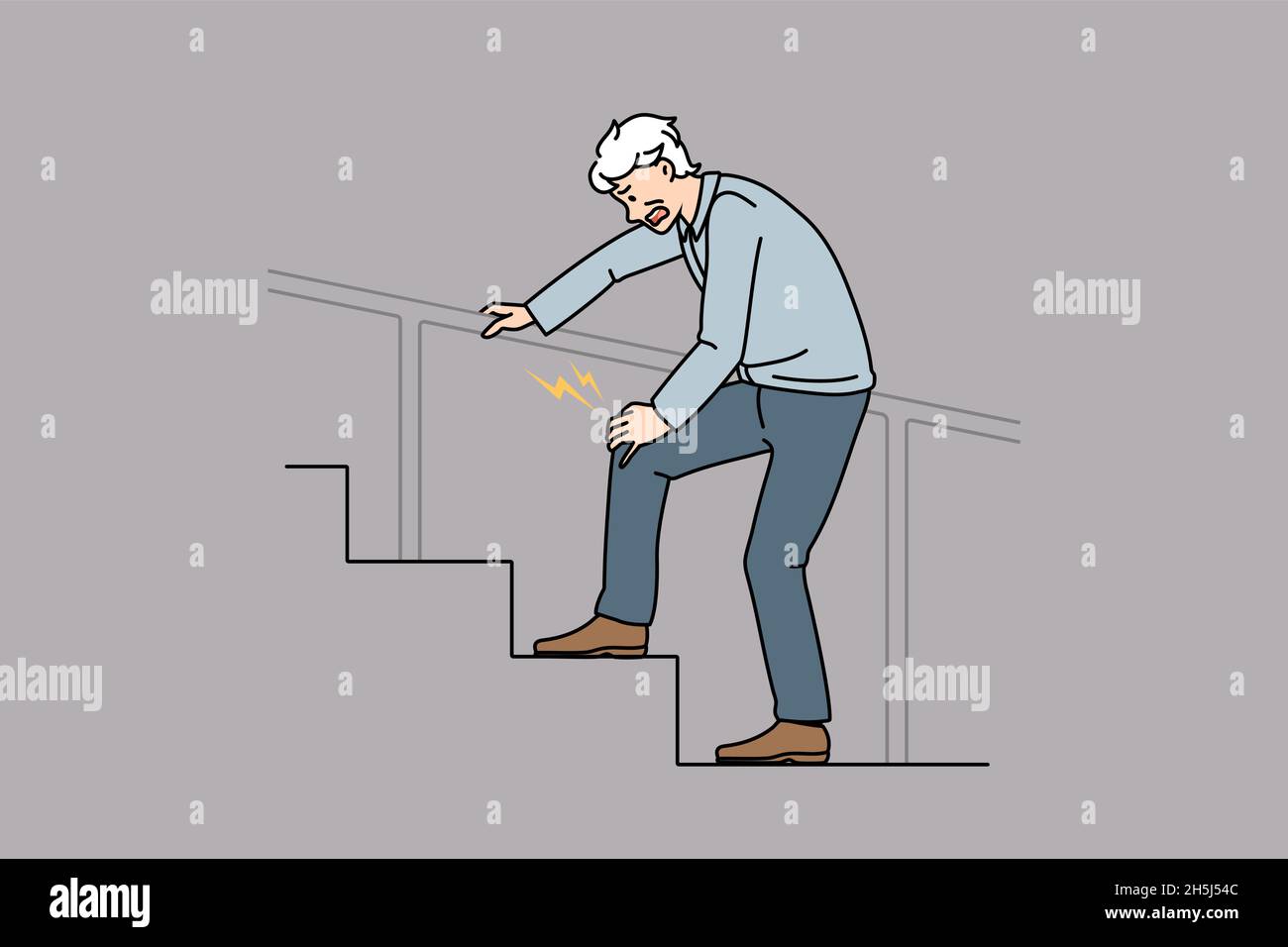 Unhealthy old man walk stairs up suffer from knee pain. Unwell mature