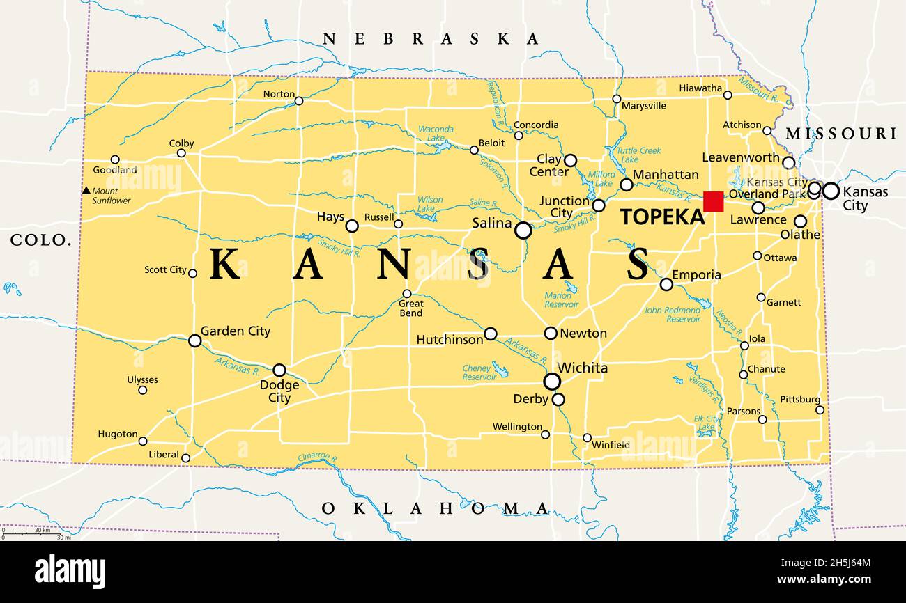 Kansas, KS, political map with capital Topeka, important rivers and lakes. State in the Midwestern United States of America, The Sunflower State. Stock Photo