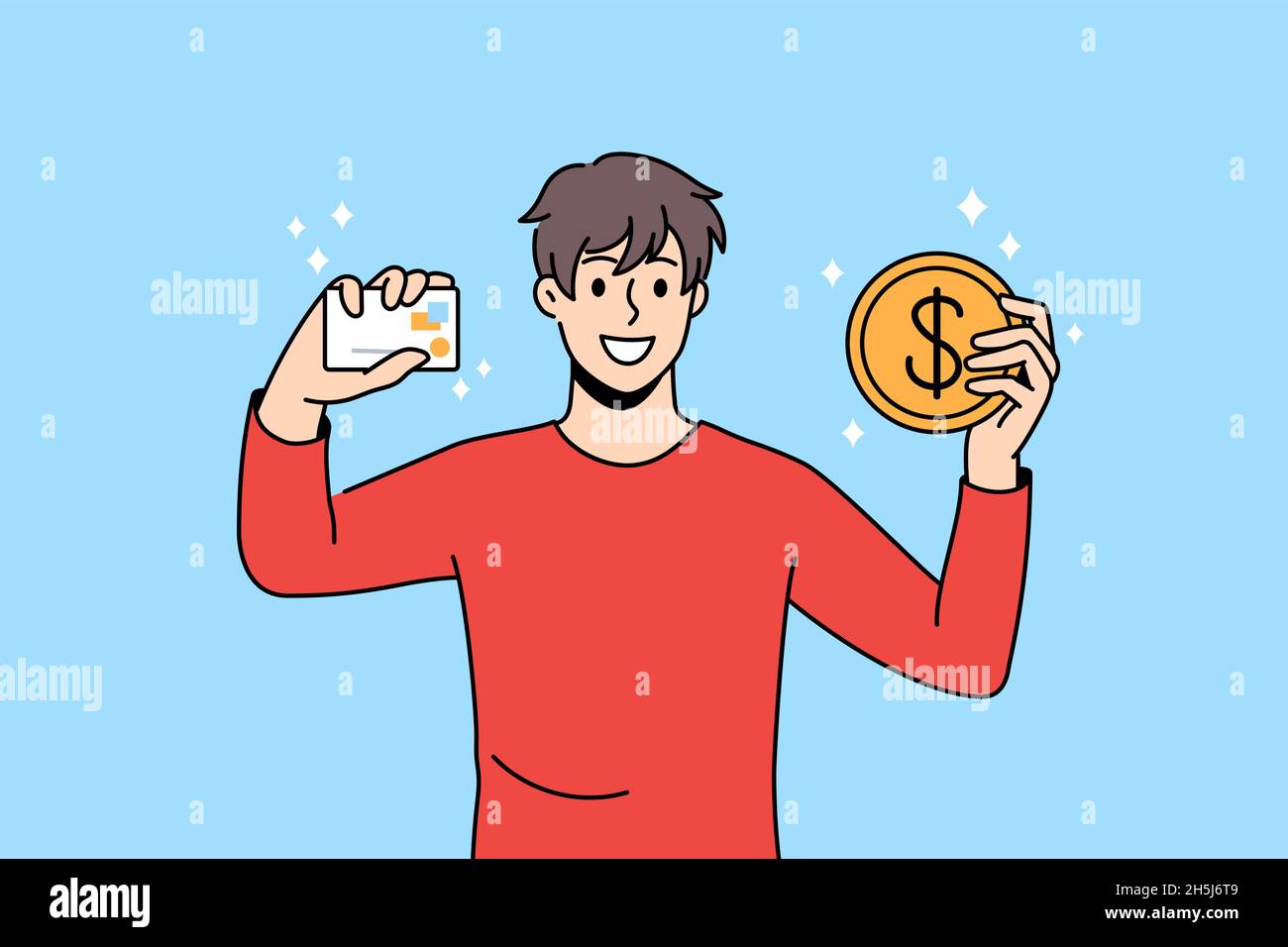 Smiling young man hold credit card and bitcoin excited about good