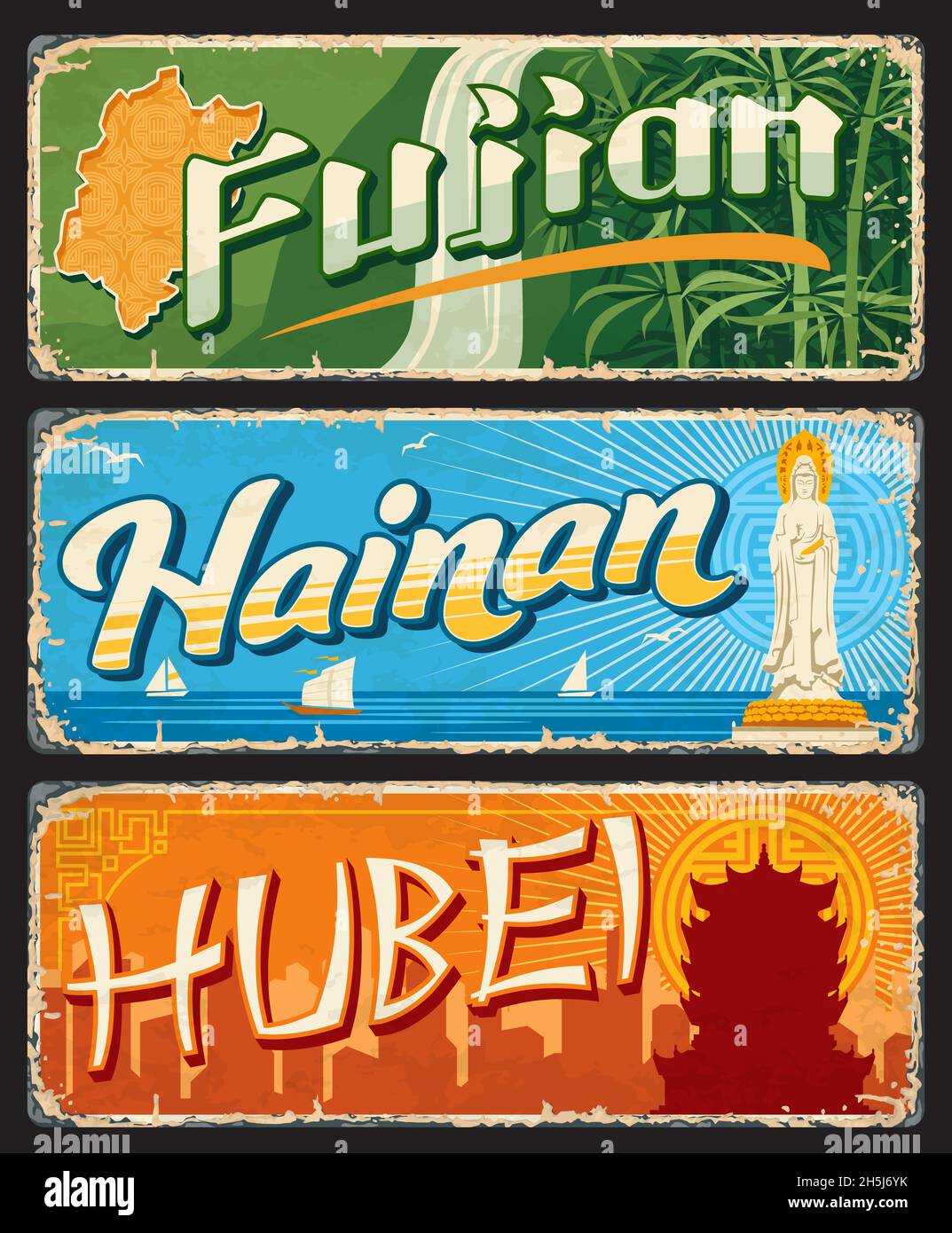 Hubei, Hainan and Fujian chinese province plates and travel stickers, vector. China cities tin signs or luggage tags with province taglines and sights Stock Vector