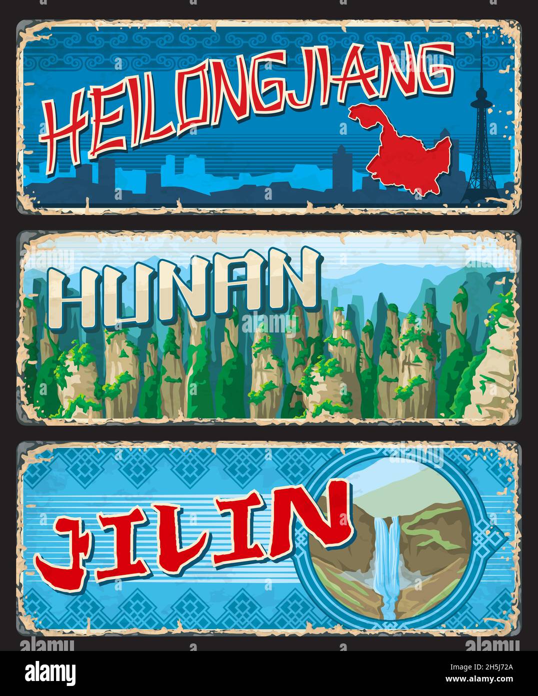 Heilongjiang, Hunan, Jilin Chinese province plates and travel stickers, vector. Chinese tin signs or luggage tags with province map, taglines and sigh Stock Vector