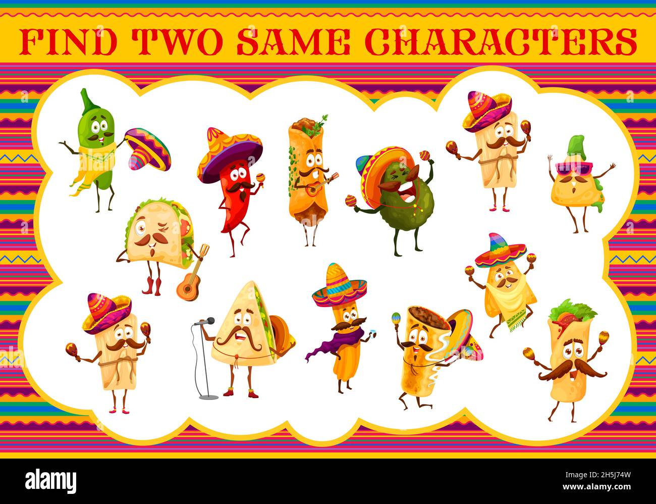 Cartoon mexican tacos and burrito, churros and jalapeno, nachos and