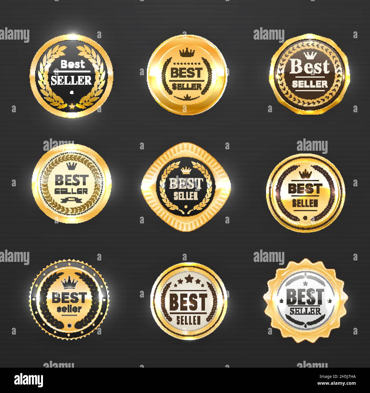 Gold badges seal quality labels. Sale medal badge premium stamp golden  genuine emblem guarantee round vector set Stock Vector