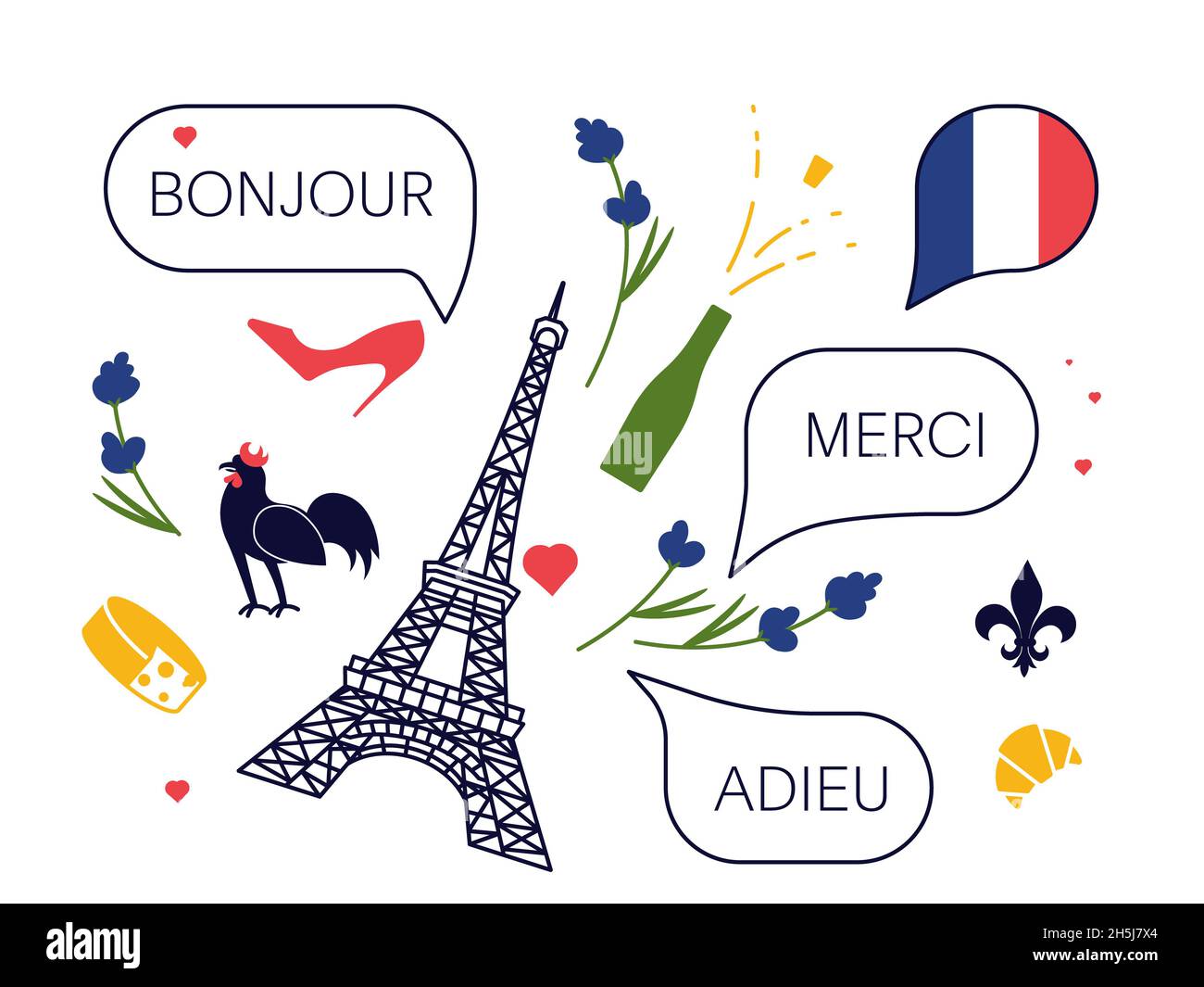 Set of traditional French culture symbols, objects and bubble speeches