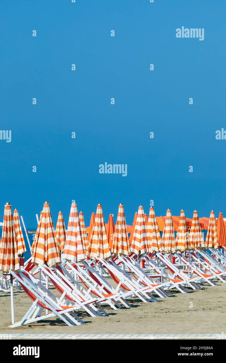 Beach umbrellas and deckchairs in a row on a beach in Viareggio, Tuscany, Italy. Stock Photo