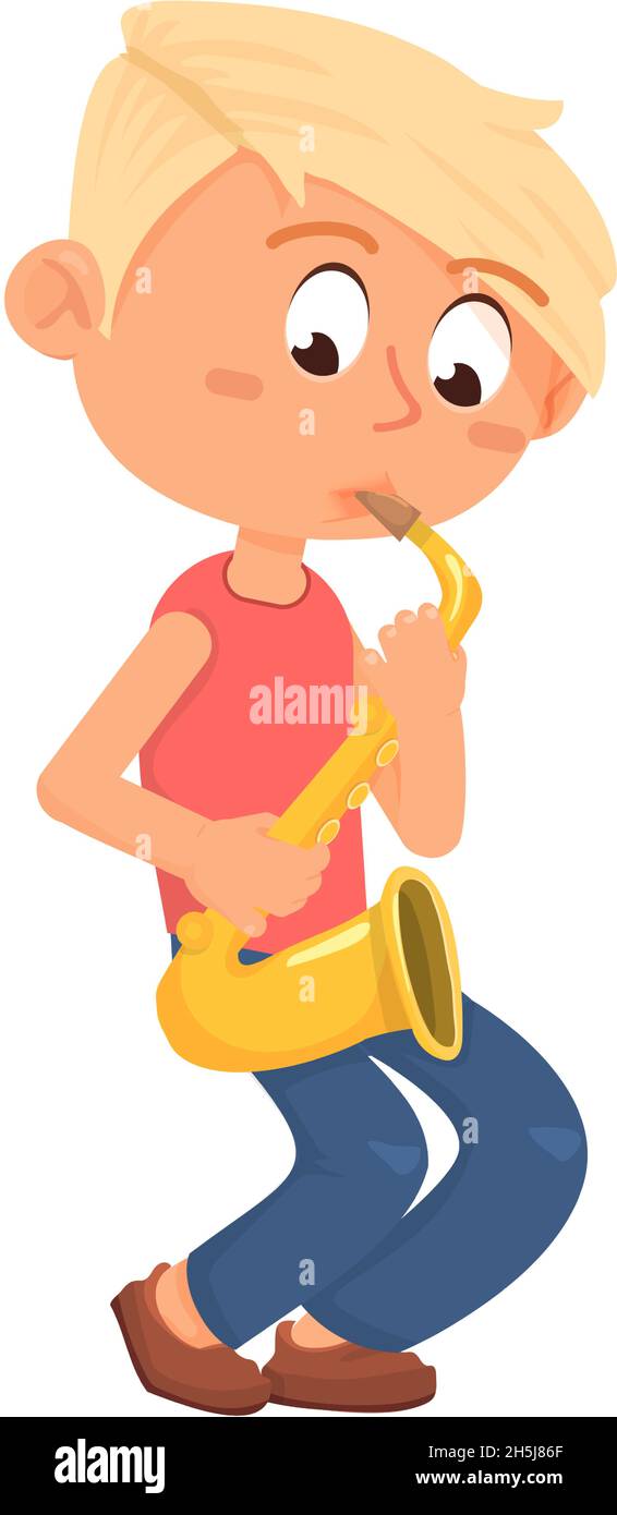 Cartoon boy playing saxophone. Music practice illustration Stock Vector