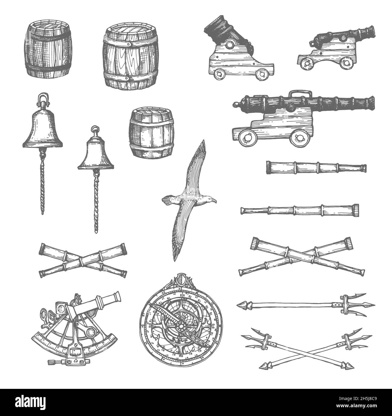 Cannon, barrel and spyglass, bell, trident and astrolabe, sextant sketch. Medieval sailing equipment, fleet navigation instruments and weapons, mortar Stock Vector