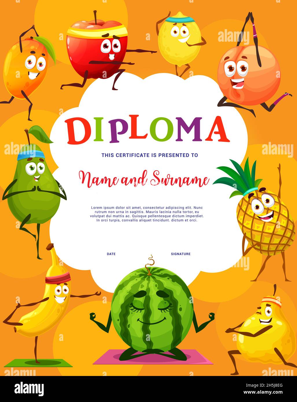 Kids diploma, funny cartoon fruits on fitness yoga sport, vector certificate award. School or kindergarten diploma with watermelon, pineapple and peac Stock Vector Image & Art - Alamy Kids diploma, funny cartoon fruits on fitness yoga sport, vector certificate award. School or kindergarten diploma with watermelon, pineapple and peac Stock Vector Image & Art - Alamy