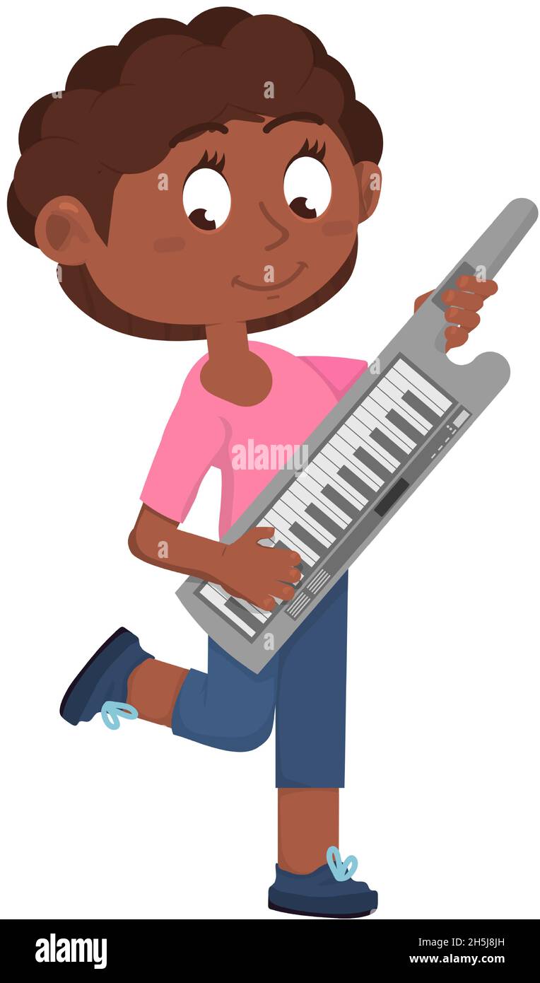 Band player with keytar. Young boy playing music Stock Vector