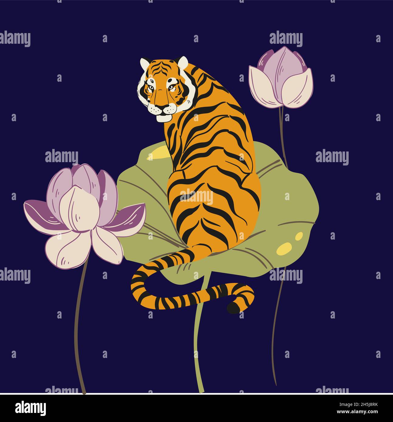 Amur tiger sitting on lotus isolated on white background. Vector tiger side view. Stock Photo