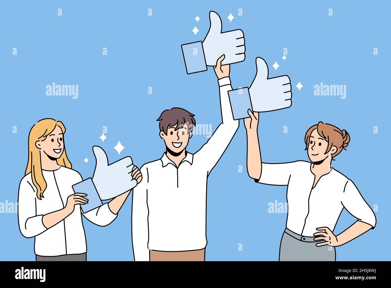 Smiling clients show likes give positive feedback to company. Happy ...