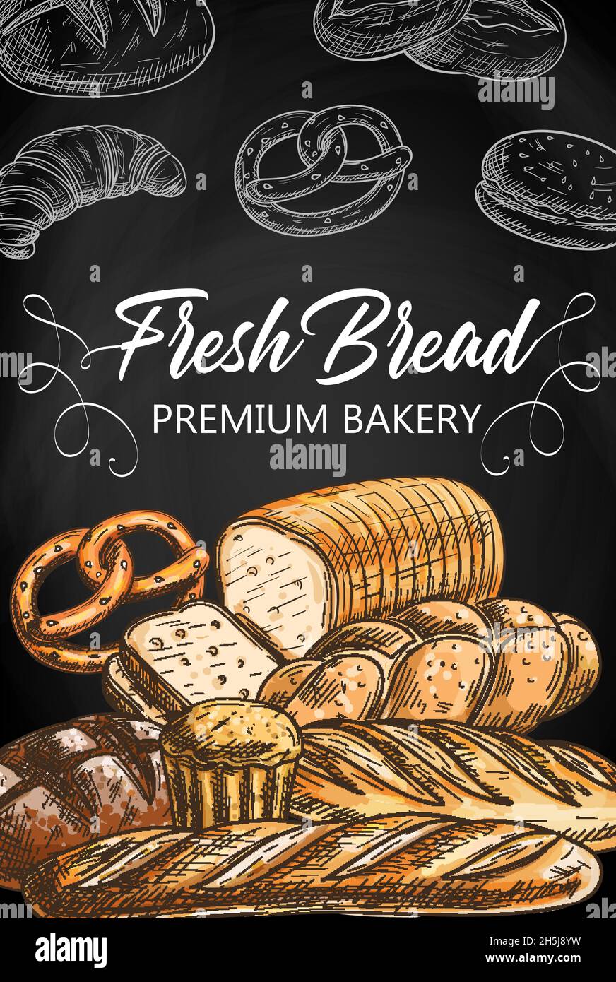 Bread and pastry food on chalkboard sketch vector. Baguette and batard ...