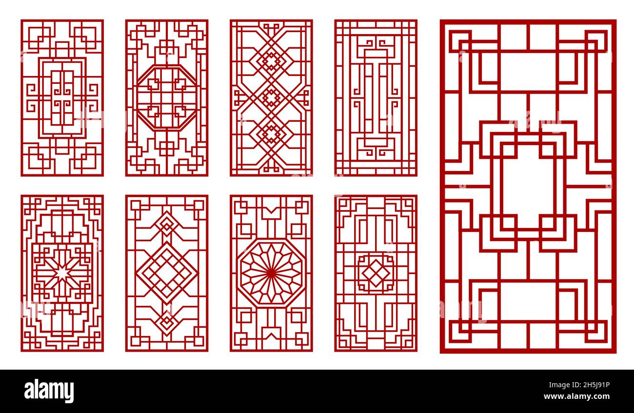 Asian window and door ornaments. Korean, chinese and japanese patterns. Oriental vintage vector wall or interior decorations with endless knot lattice Stock Vector