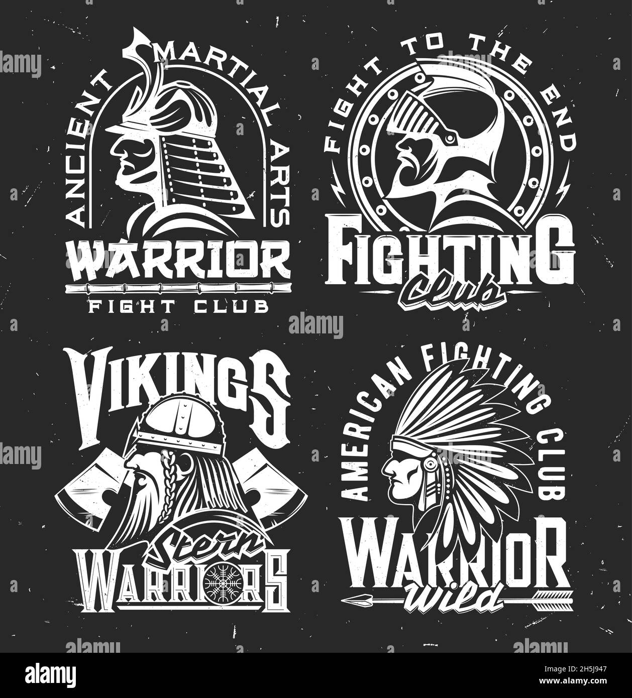 Tshirt print with ancient warriors, vector mascot for fight club apparel design. Viking, indian chef samurai and medieval knight isolated monochrome l Stock Vector
