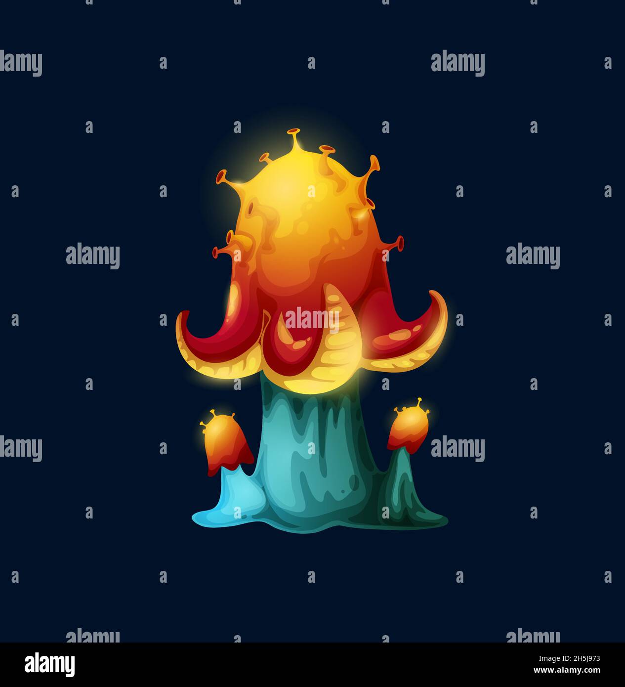 Fantasy magic octopus mushroom with tentacles. Toxic vector luminous fungus with suckers on cap and palps. Unusual fairy tale ui game asset, Natural g Stock Vector