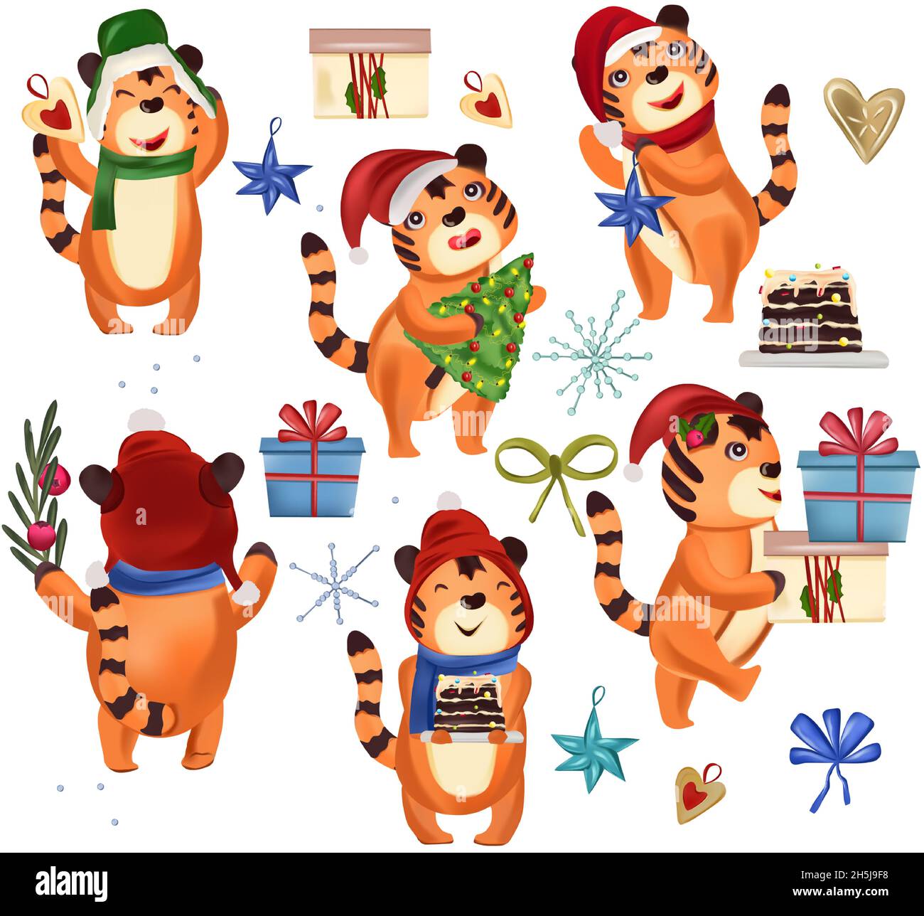Christmas Collection 2022 Christmas Collection With Cute Tigers, Christmas Star, Chocolate Cake,  Gifts, Christmas Tree, Cookies. Various Tigers The Symbol Of The Year 2022.  Concept Christmas And New Year. Vector Illustration Stock Vector Image &