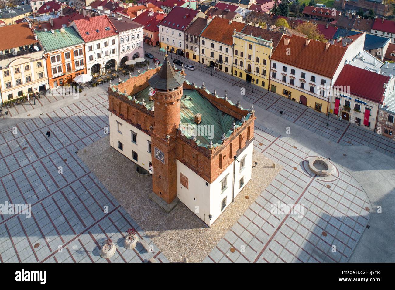 Tarnow, Poland. Town hall with an attic typical for Polish Renaissance. Aerial view from above with old town main square Stock Photo