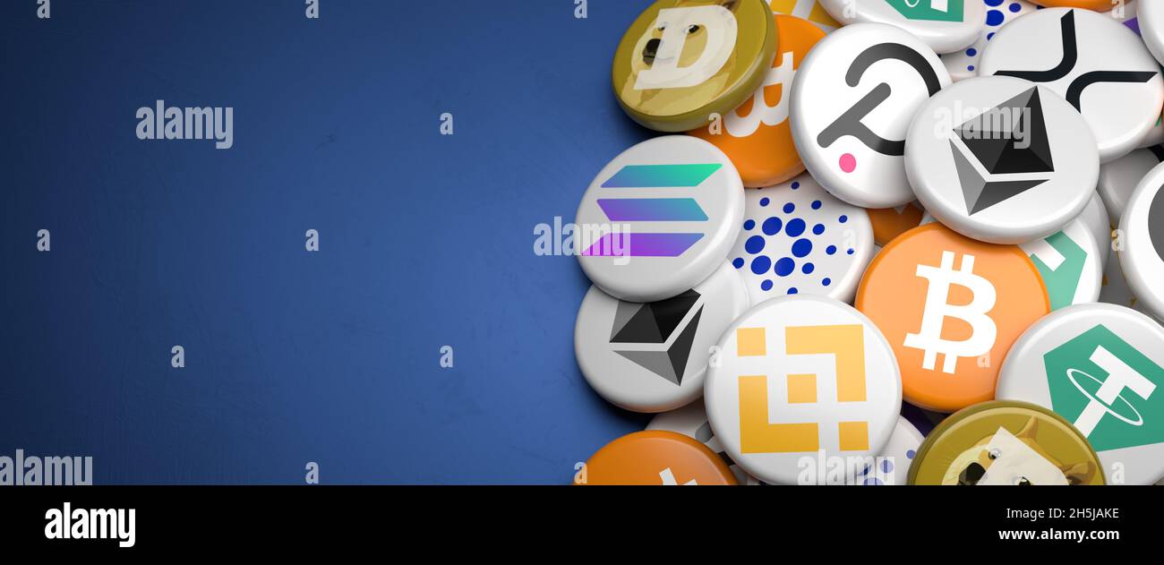 Logos of the main cryptocurrencies Bitcoin, Ethereum, Binance, Cardano,  Ripple, Dogecoin, Tether, Solana, Polkadot on a heap on a table. Copy space.  W Stock Photo - Alamy