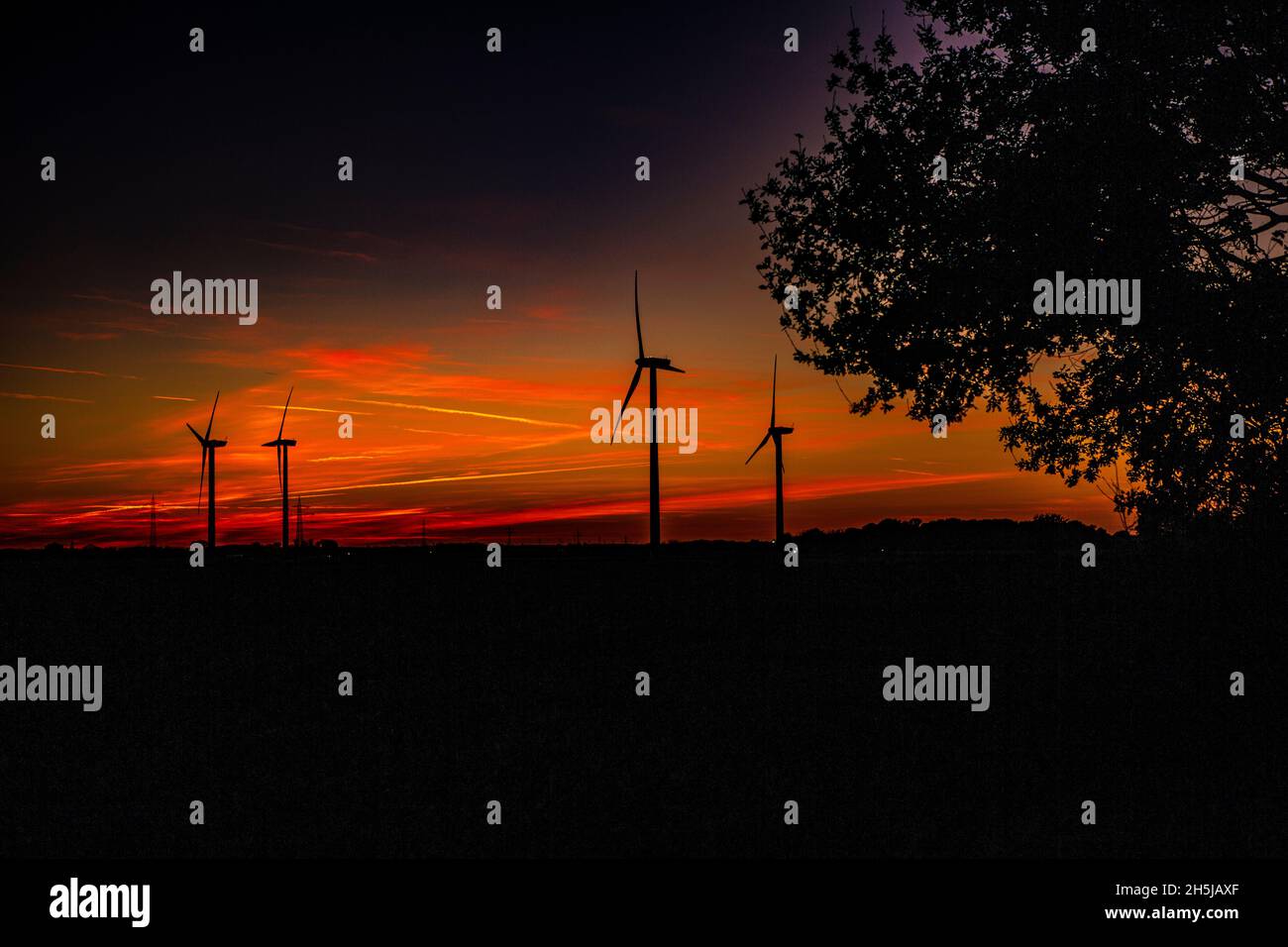Windräder zur Energiegewinnung im Sonnenuntergang. Im Gegensatz zur Solarenergie funktioniert Windenergiegewinnung auch Nachts Stock Photo
