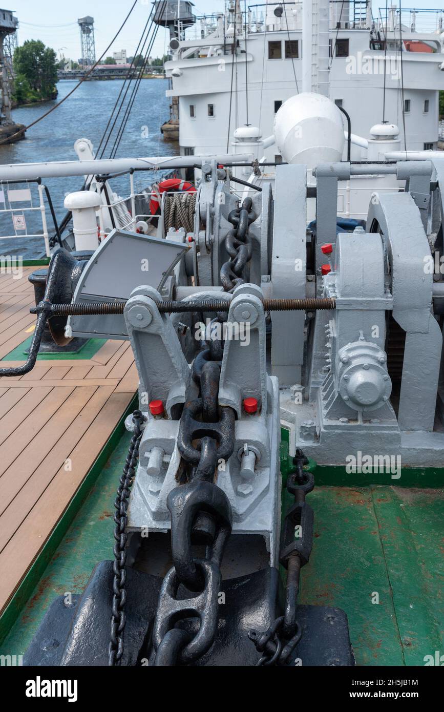mooring winches on the deck of a container ship, equipment on the deck