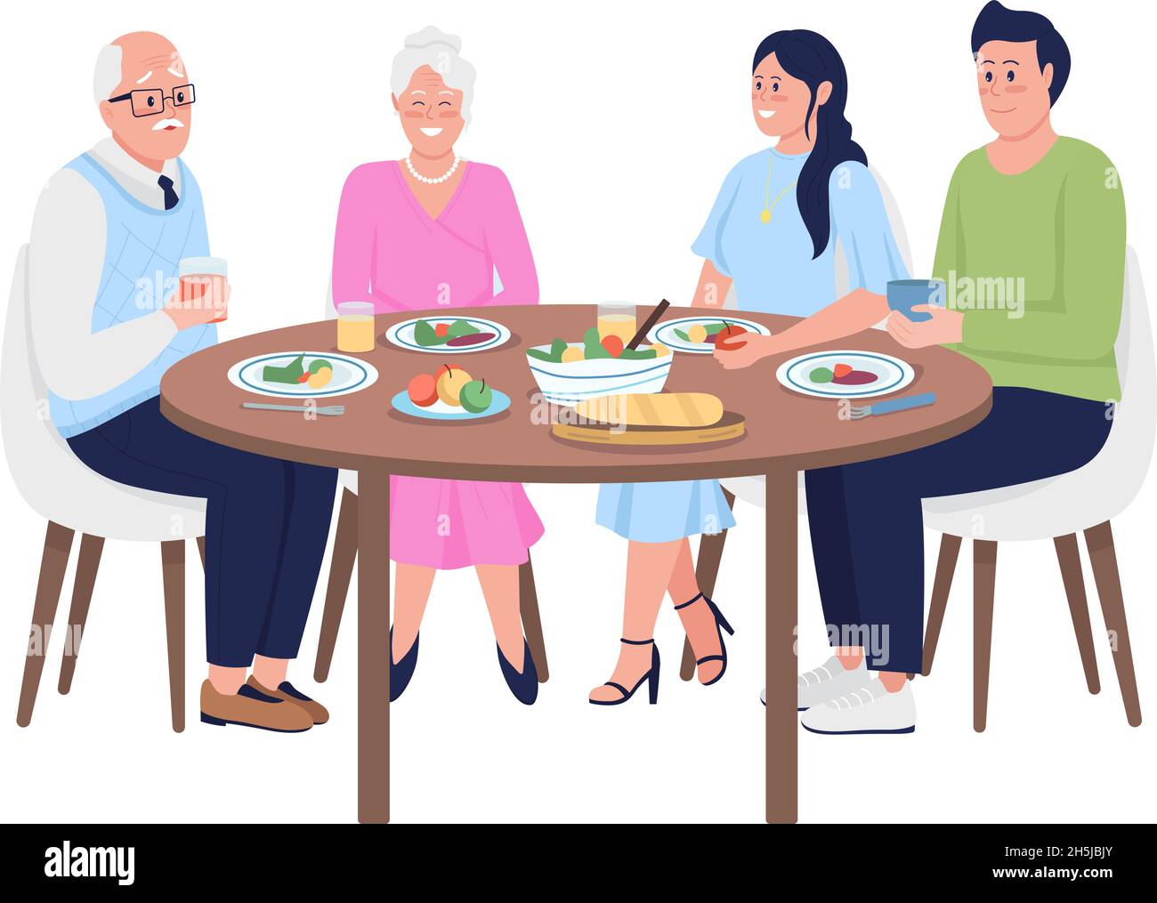 Family members having dinner together semi flat color vector characters ...